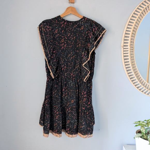 IRO Paris Jicka Ruffled Printed 100 % Silk Crepe Mini Dress, Black, size 36/4 - Picture 4 of 6